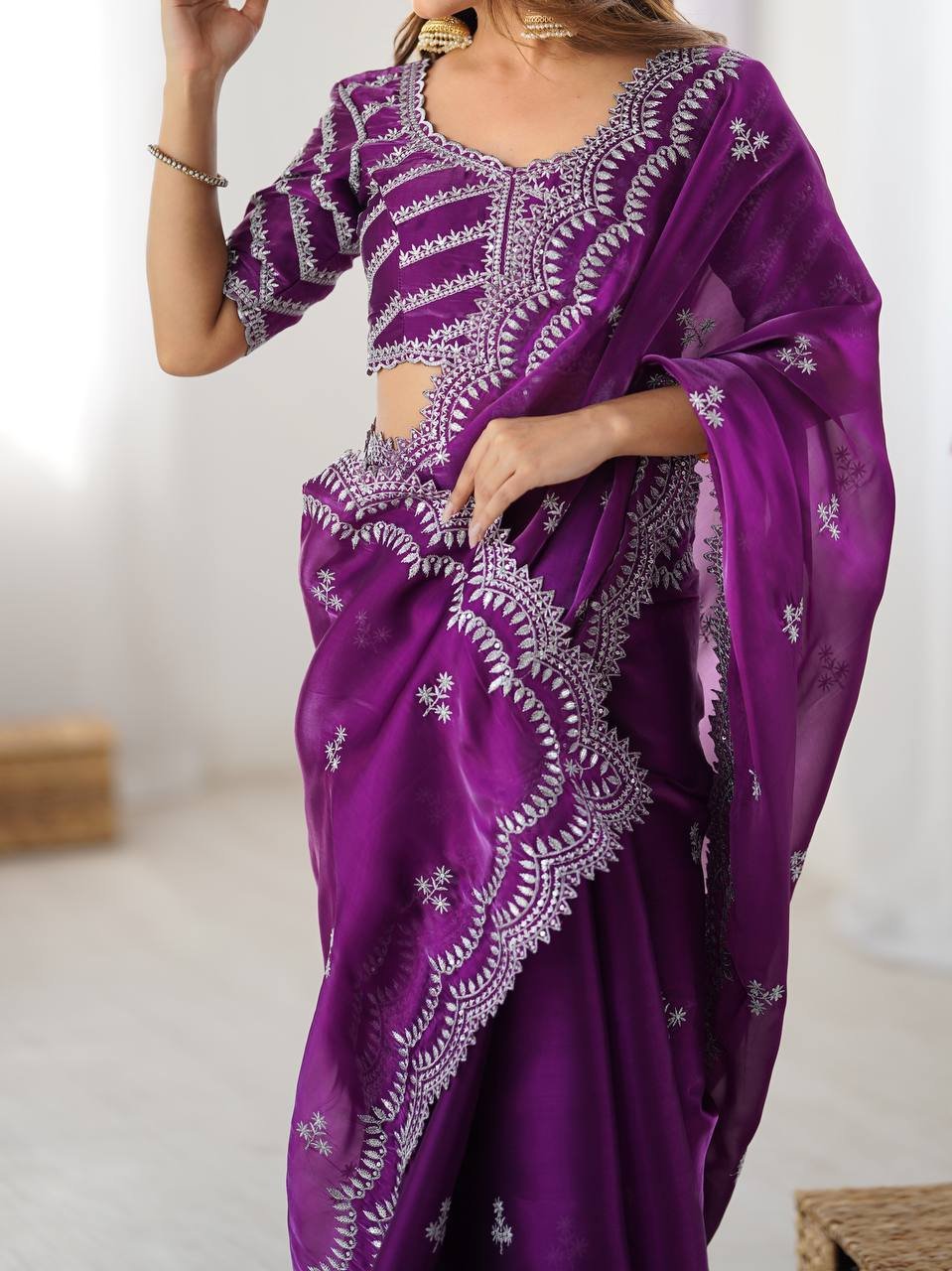Women's Elegant Regal Purple Georgette Saree with Intricate Silver Thread & Sequin Embroidery – Complete with Embellished Blouse Piece for Festive & Party Wear - Image 8