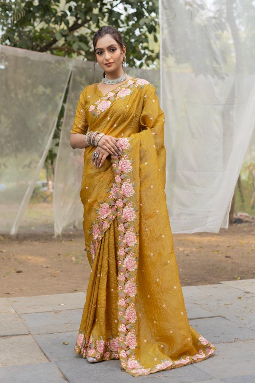 Women's Pristine White Organza Saree with Exquisite Pink & Green Floral Thread Embroidery – Complete with Matching Embroidered Blouse for Festive & Summer Wear - Image 9